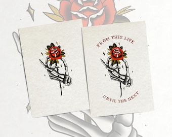Stampa artistica con tatuaggio a mano scheletro e rosa - Stile tradizionale americano
