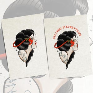 May include: Two art prints featuring a vintage tattoo design. The design depicts a woman's profile with black hair, red tears, and a red arrow piercing her eye. One print includes the text "ALL I FEEL IS EVERYTHING" in red.