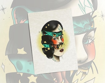 Split Face Woman Tattoo Art Print - American Traditional