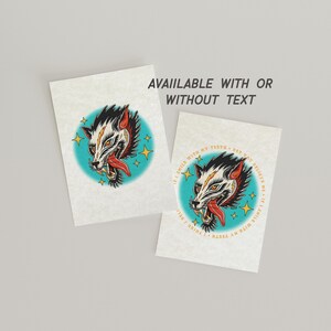 two identical images of a wolf's head with a starry background, and there is text above the images that reads "AVAILABLE WITH OR WITHOUT TEXT".