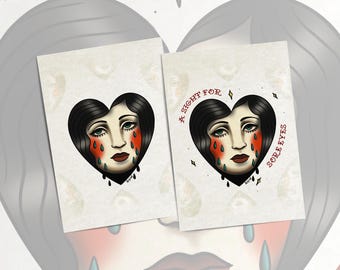 Impresión artística de tatuaje de mujer llorando - Desamor tradicional estadounidense