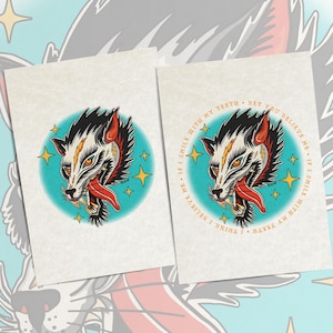 a stylized illustration of a wolf's head with a fierce expression, surrounded by stars and a teal background.
