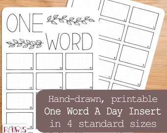 Printable One Word A Day Journal and Planner Insert, Planner Printable, Bullet Journal Printable in 4 Sizes, Hand-lettering, Hand-drawn