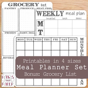 Puede incluir: Conjunto de planificador de comidas imprimible en blanco y negro con una lista de la compra. El planificador incluye un plan de comidas semanal y un plan de comidas mensual. La lista de la compra est&aacute; dividida en categor&iacute;as como despensa, productos frescos, carne, pescado, congelados, l&aacute;cteos, charcuter&iacute;a y bebidas.