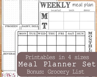 Meal planner printable for your Bullet Journal or planner. 3 planner inserts for your weekly meal plan, monthly meal plan and grocery list.