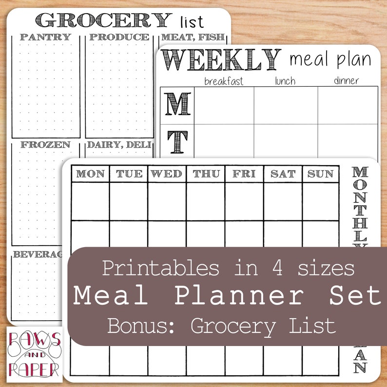 Puede incluir: Conjunto de planificador de comidas imprimible en blanco y negro con una lista de la compra. El planificador incluye un plan de comidas semanal y un plan de comidas mensual. La lista de la compra est&aacute; dividida en categor&iacute;as como despensa, productos frescos, carne, pescado, congelados, l&aacute;cteos, charcuter&iacute;a y bebidas.