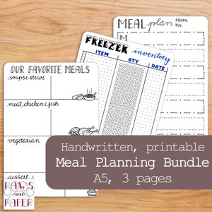May include: A set of three white printable meal planning sheets with black text and line art. The pages include a meal plan, a freezer inventory with columns for item, quantity, and date, and a favorite meals list categorized by food type.