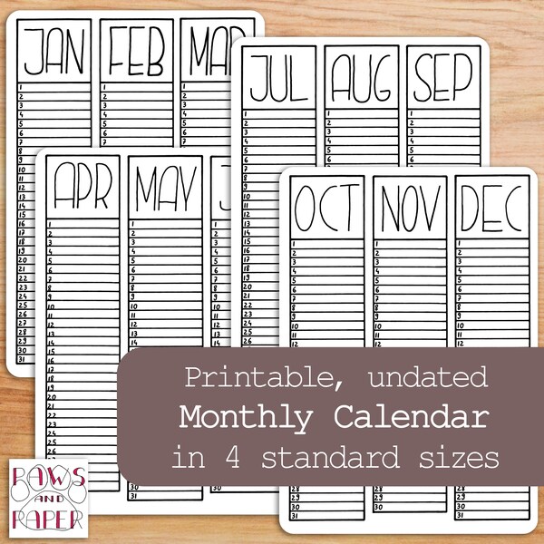 Undatierter 2019 Kalender, 3 Monate auf einer Seite, Bullet Journal, Planer,