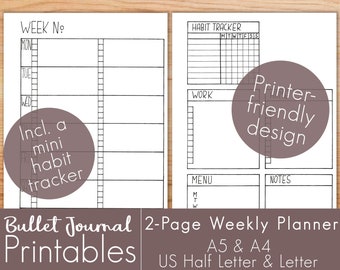 Printable Weekly Planner, 2 Pages, Weekly Schedule, Printable Planner, 4 Sizes, Habit Tracker, Meal Planner, Week At A Glance, Undated, BuJo