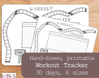 Printable Workout Tracker, 30 Days, Planner Inserts, Fitness Planner, Workout Planner, Workout Journal, Bullet Journal, Habit Tracker