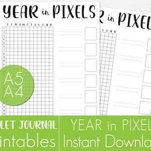 Könnte beinhalten: Zwei weiße Papierbögen mit einem Year in Pixels Tracker, bestehend aus einem Raster mit 12 Spalten für Monate und 31 Zeilen für Tage. Jeder Bogen enthält einen Bereich für Notizen mit horizontalen Linien und leeren Quadraten. Ein grüner Kreis zeigt A5 und A4.