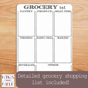 Puede incluir: Una plantilla de lista de la compra imprimible con categor&iacute;as para despensa, productos frescos, carne y pescado, congelados, l&aacute;cteos y charcuter&iacute;a, productos horneados, bebidas y otros. La plantilla tiene una cuadr&iacute;cula punteada para escribir.