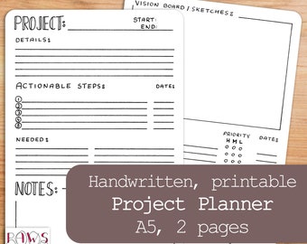 Handwritten Project Planner A5 Inserts, Project Management (Digital Download)