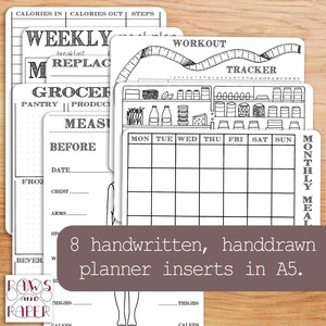 May include: Eight black and white printable planner inserts in A5 size. The inserts include a weekly meal planner, a grocery list, a workout tracker, a monthly meal planner, and a body measurements tracker.