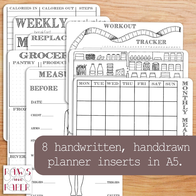May include: Eight black and white printable planner inserts in A5 size. The inserts include a weekly meal planner, a grocery list, a workout tracker, a monthly meal planner, and a body measurements tracker.