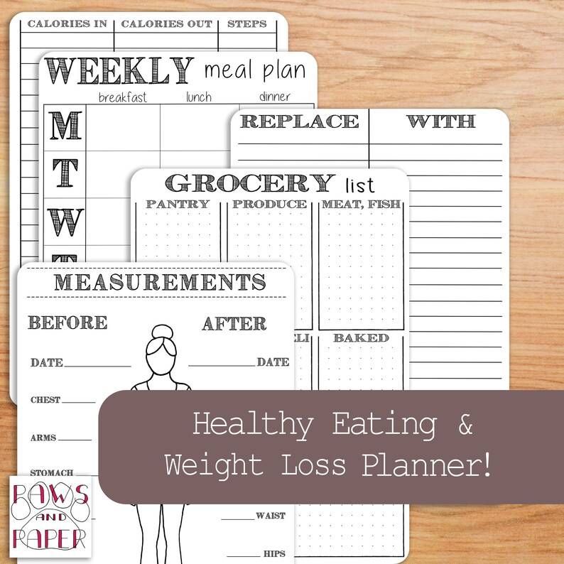 May include: Black and white printable planner with the text "Healthy Eating & Weight Loss Planner!" and sections for tracking calories, meals, grocery lists, and measurements.