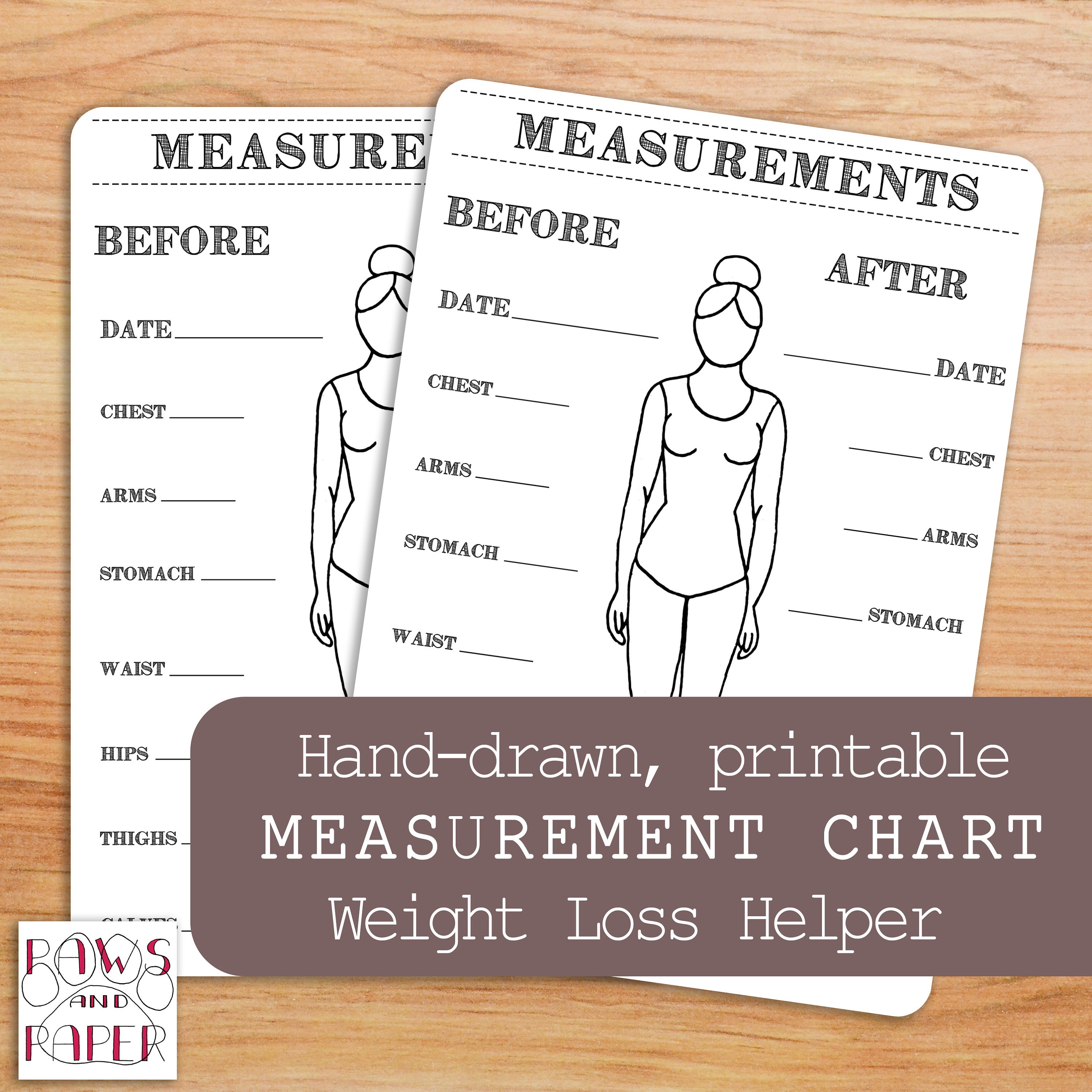 Printable Body Measurements Chart for Your Bullet Journal or Planner.  Inches Lost Chart, Weight-loss, Workout and Fitness Tracker. 