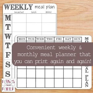 Puede incluir: Un planificador de comidas semanal imprimible en blanco y negro con el texto "Convenient weekly & monthly meal planner that you can print again and again!" El planificador tiene espacios para cada d&iacute;a de la semana, con columnas para el desayuno, el almuerzo y la cena.