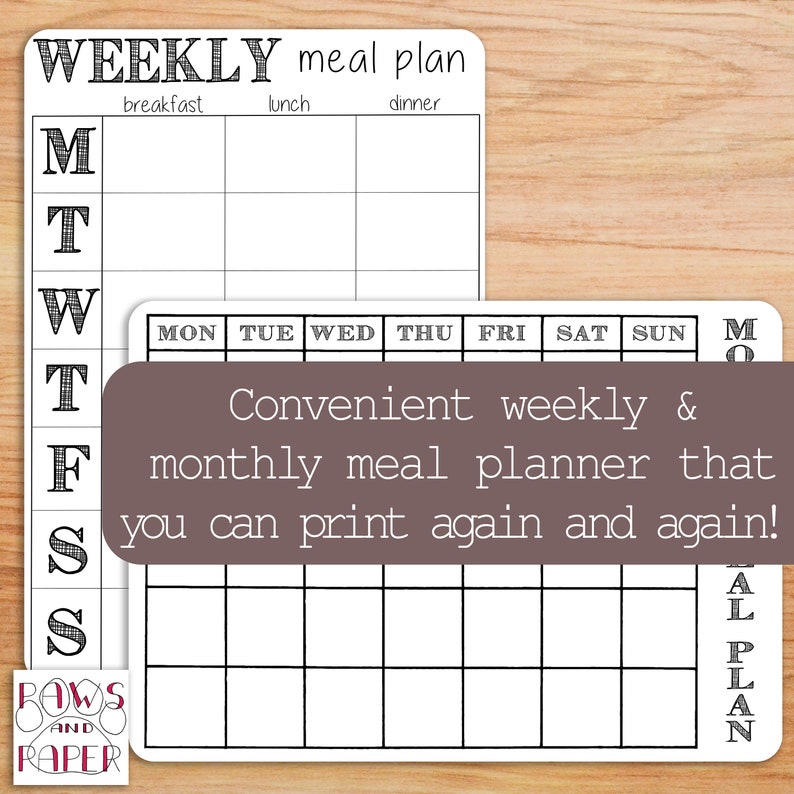 Puede incluir: Un planificador de comidas semanal imprimible en blanco y negro con el texto "Convenient weekly & monthly meal planner that you can print again and again!" El planificador tiene espacios para cada d&iacute;a de la semana, con columnas para el desayuno, el almuerzo y la cena.