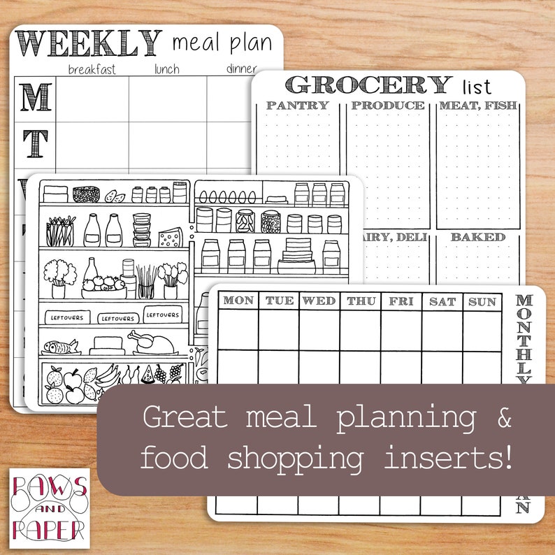 May include: Black and white printable planner pages for meal planning and grocery shopping. The pages include a weekly meal planner, a grocery list, a pantry inventory, and a monthly calendar.