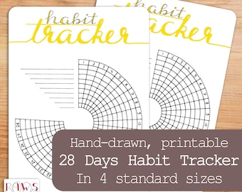 Circular habit tracker printable for 28 Days. Handwritten planner insert for 28 days in 4 sizes for your planner or bullet journal.