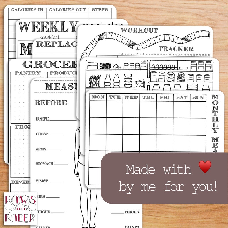 May include: Black and white printable planner pages for tracking weekly meals, grocery lists, workout routines, and monthly meal plans. The pages feature a simple design with lines and boxes for writing.