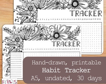 Habit Tracker Printable for 30 days, undated. Hand-drawn floral printable for your planner or Bullet Journal.