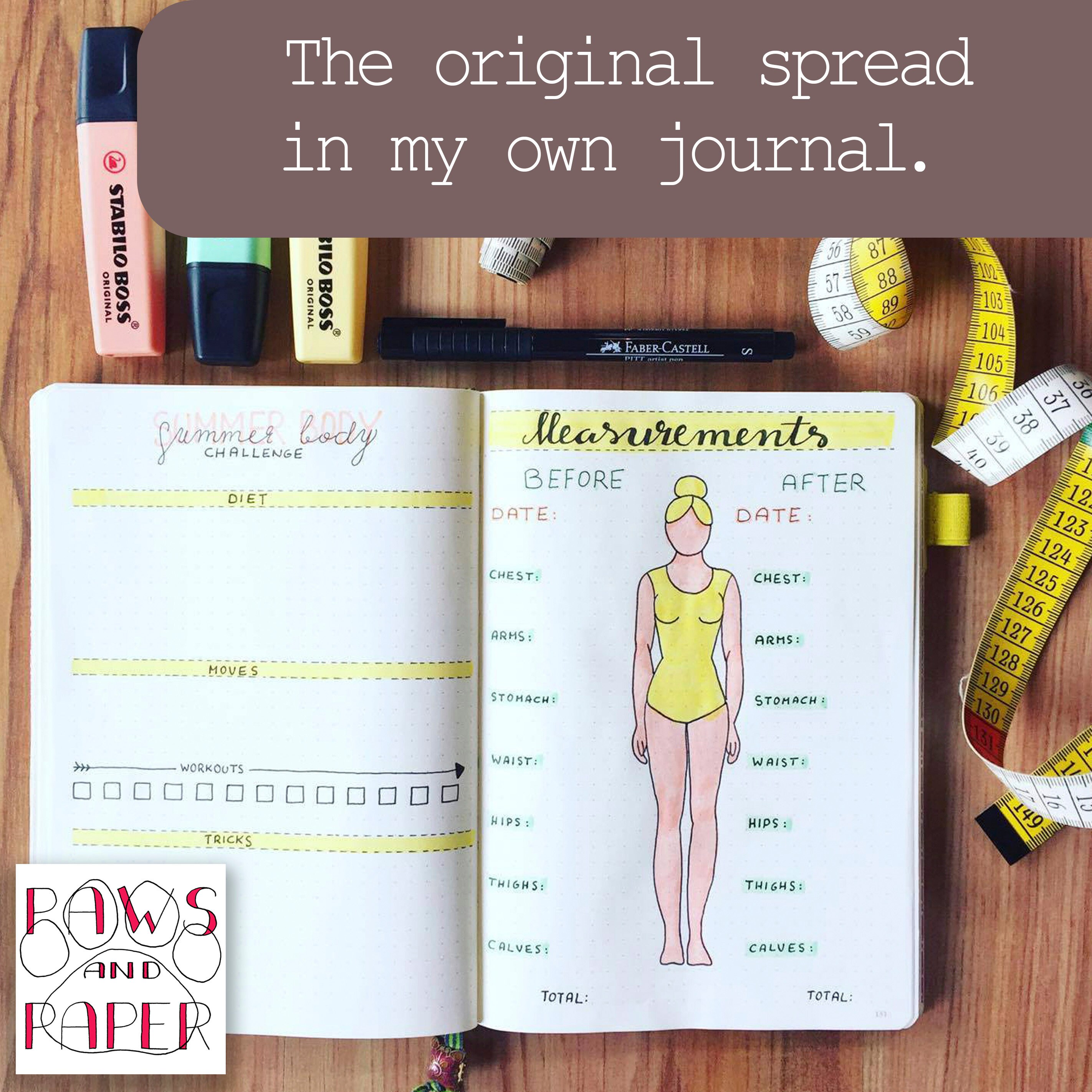 Printable Body Measurements Chart for Your Bullet Journal or Planner.  Inches Lost Chart, Weight-loss, Workout and Fitness Tracker. 