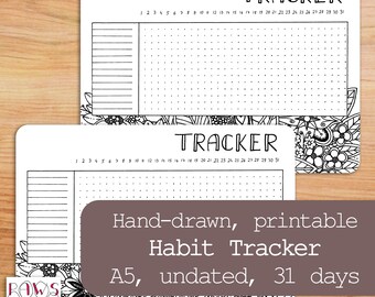 Habit Tracker Printable for 31 Days, undated. Hand-drawn floral printable for your planner or Bullet Journal.