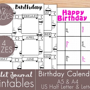 Birthday Planner Printable Bundle, Birthday Calendar, Birthday Reminder, Bullet Journal, Planner Printable, Birthday Reminder Calendar