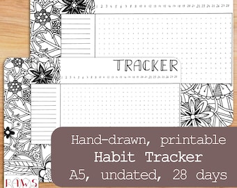 Habit Tracker Printable for 28 days, undated. Hand-drawn floral printable for your planner or Bullet Journal.