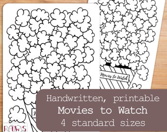 Printable Movies To Watch, Popcorn, Planner Printable, Movie Wishlist, Movie Night, Movie Planner, Movie Film Tracker, Four Sizes, BuJo