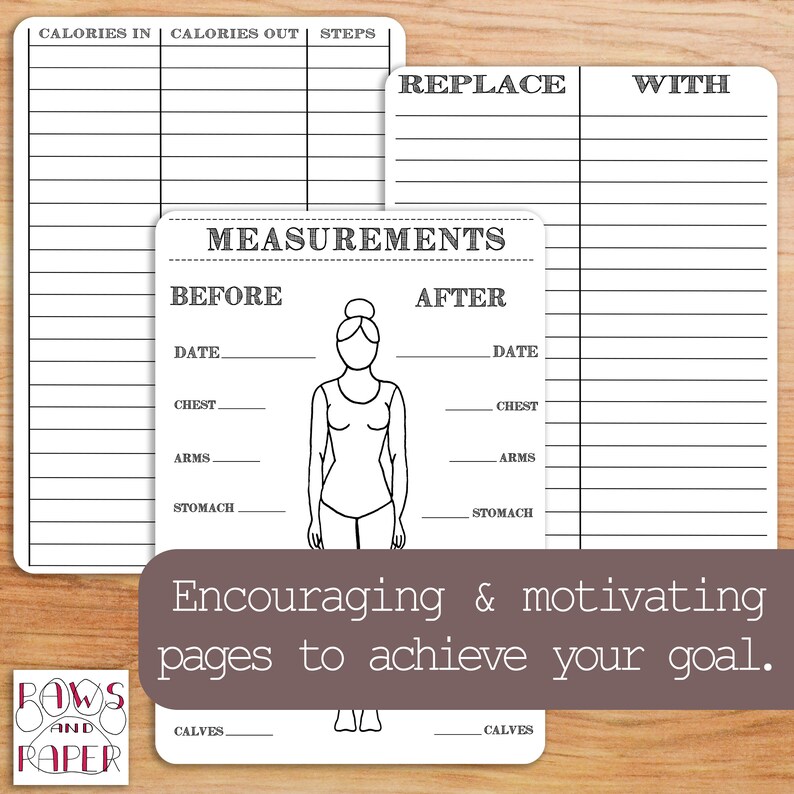 May include: Printable fitness tracker with sections for calories in, calories out, steps, and body measurements. The tracker includes a before and after section with a line drawing of a person to track body measurements. The text "Encouraging & motivating pages to achieve your goal." is at the bottom of the page.