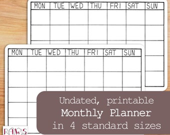 Printable Monthly Planner, Month at a Glance, Undated, Printable Planner, Monthly Schedule, 4 Sizes, Daily Planner, Bullet Journal, School