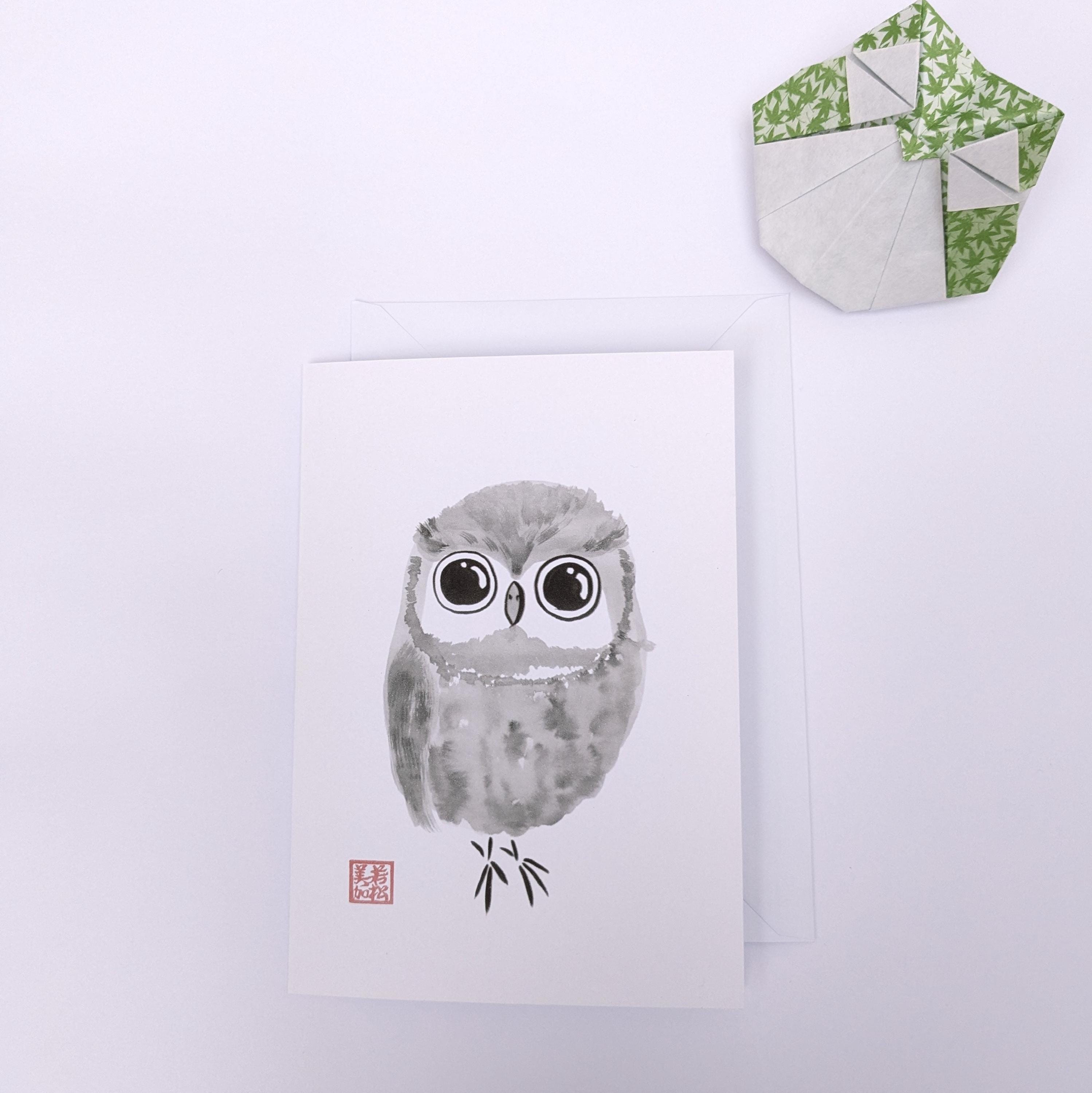 Owl Art Card: Japanese Sumie Ink Painting