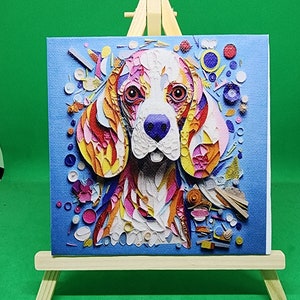 Peut inclure: Une peinture abstraite colorée d'un beagle sur un petit chevalet en bois. La fourrure du chien est composée de différentes formes et couleurs, et l'arrière-plan est bleu clair.