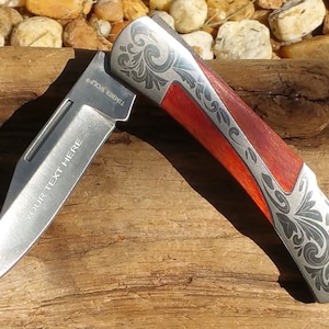 Laser Engraved Pocket Knife, Wood Handle, Personalized Wedding Grooms Men, Birthday, Anniversary, Fathers Day, Hunter, Fishermans Gift.