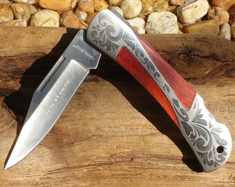 Laser Engraved Pocket Knife, Wood Handle, Personalized Wedding Grooms Men, Birthday, Anniversary, Fathers Day, Hunter, Fishermans Gift.