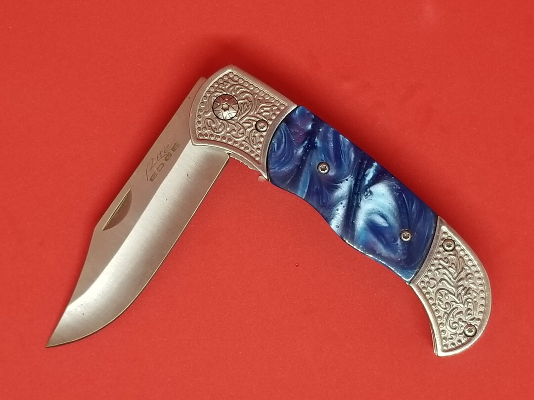 Laser Engraved Pocket Knife, Blue Handle, Personalized Wedding Grooms