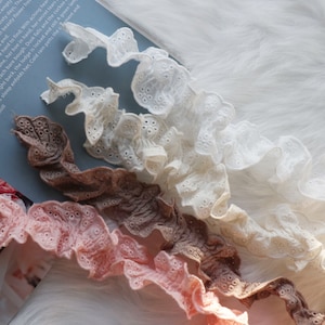 1.3" Pleated Double-Folded Ruffled Lace Trimmed Embroidered Ribbon 4Color, Eyelet Lace Trim Cotton Ruffled, Frilled Lace Trim Made In Korea