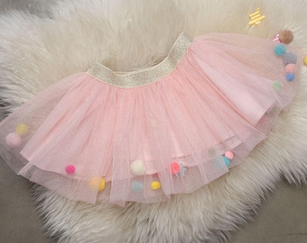 Pompom Tutu, falda de tul, tutú de durazno, pompones, falda de pompón para bebés niñas, bebé Tutu, tutu para niños pequeños, faldas para niñas, ribbonnkids