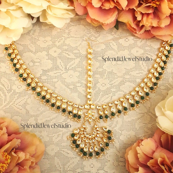 Bridal Kundan Mathapatti - Indian Wedding jewelry,Maathapatti, Matha Patti,Indian wedding Headpiece, Kundan Jewelry Green Kundan Matha patti