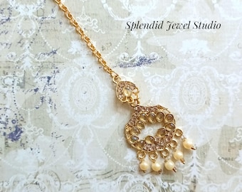 Lightweight Pearl Kundan Maang Tikka, Indian Wedding Forehead Jewelry