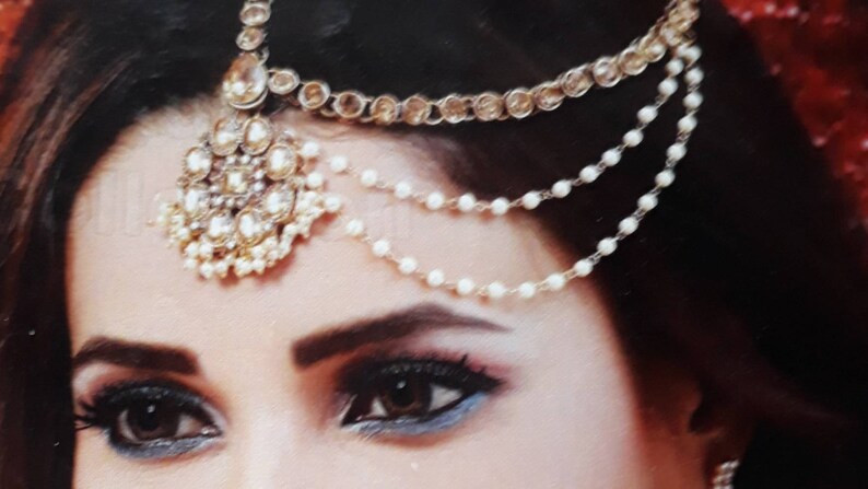 Indian Bridal jewelry champagne gold bridal headpiece Golden Crystal Headpiece Matha Patti One side Mathapatti Indian Headpiece damini