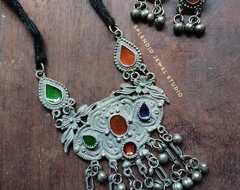 Indian oxidized silver necklace set, lightweight Indian jewelry, oxidised silver necklace, gypsy necklace set, antique look necklace set