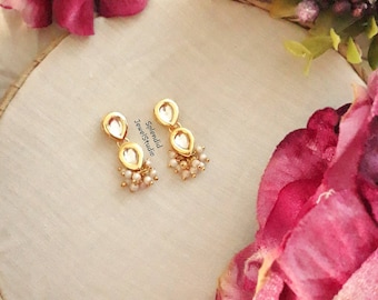 Kundan Pearl Drop Earrings, Indian Bridal Jewelry, Small Studs