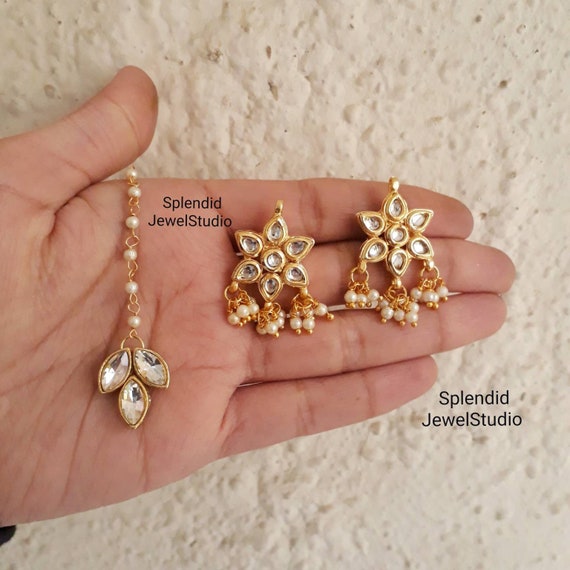 Mint green Kundan Chandelier earrings and maang tikka set – MOHAR