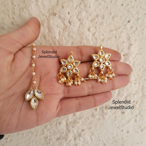 Mint green Kundan Chandelier earrings and maang tikka set – MOHAR