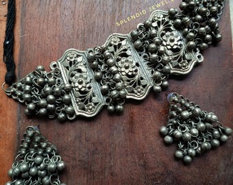 Antique Look Indian Choker Necklace Set, Oxidized Silver Jewelry Earrings