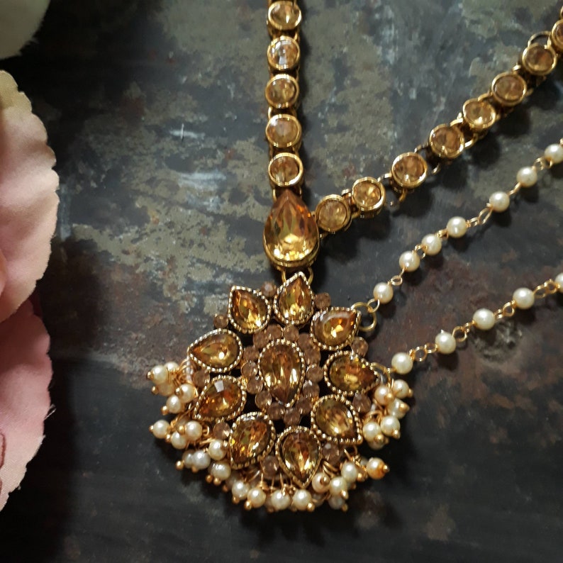 Indian Bridal jewelry champagne gold bridal headpiece Golden Crystal Headpiece Matha Patti One side Mathapatti Indian Headpiece damini